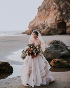 woman in champagne ballgown