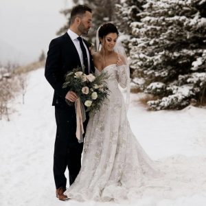 aline wedding dress with off the shoulder sleeves