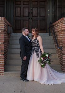 unique wedding dress - blush aline with black lace bodice