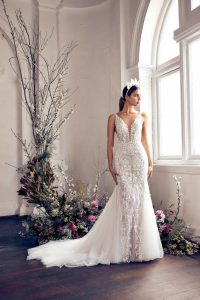 fit to flare wedding dress with lace and beading